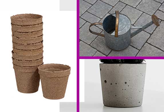 Tipos de macetas para tus plantas: (izquierda) materas biodegradables ecológicas; (arriba derecha) maceta de metal; (abajo derecha) matera de cemento.